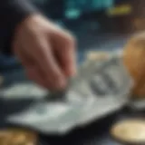 A close-up of cash being exchanged for cryptocurrency