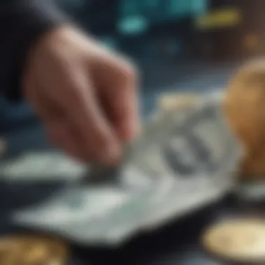 A close-up of cash being exchanged for cryptocurrency