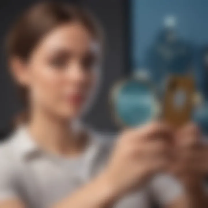 A person holding a magnifying glass over a dating app, symbolizing vigilance